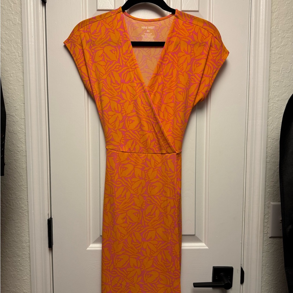 Nine West Vibrant Orange Floral Midi Dress